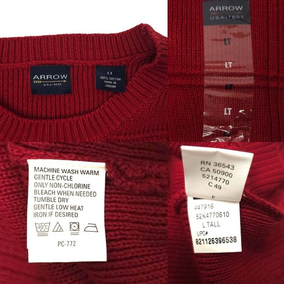 Arrow Windowpane Crewneck Sweater Mens Size Large Tall Red Cotton Long Sleeve - Picture 7 of 15